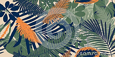 Basic RGBModern exotic jungle plants illustration pattern. Creative collage contemporary floral seamless pattern. Fashionable temp Cartoon Illustration