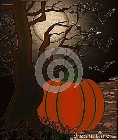 Happy Halloween card. Stone road, tree and pumpkin. Vector Illustration
