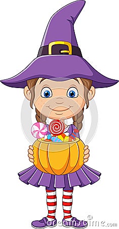 Cartoon little witch girl holds a pumpkin basket with Candies Vector Illustration