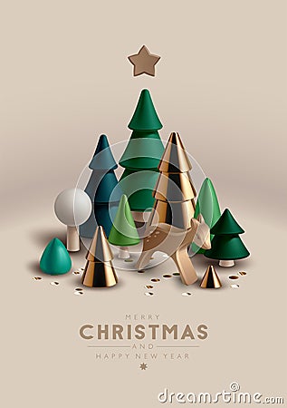 Christmas composition with Christmas trees and toy wooden deer Vector Illustration