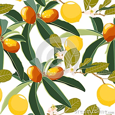 Cartoon style seamless pattern with Fortunella or Kumquat and lemon exotic fruits, flowers and leafs on white background Vector Illustration