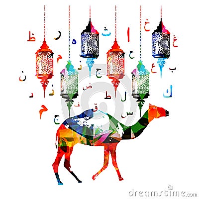 Colorful Ramadan lamps with Arabic Islamic calligraphy symbols and camel isolated vector illustration. Typography background with Vector Illustration