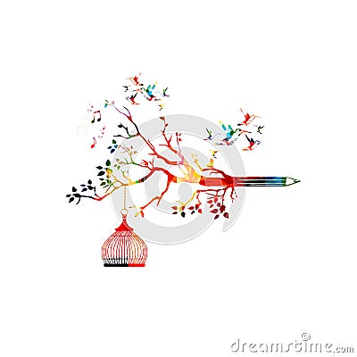 Colorful pencil tree vector illustration with hummingbirds. Design for creative writing and creation, storytelling, blogging, educ Vector Illustration