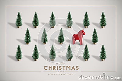 Minimalist Vintage Christmas postcard with Christmas trees and Scandinavian traditional Dala horse. Vector Illustration