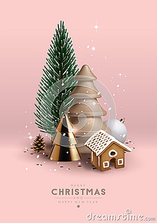 Christmas composition made of wooden, glass and plastic Christmas trees and cute gingerbread house. Vector Illustration