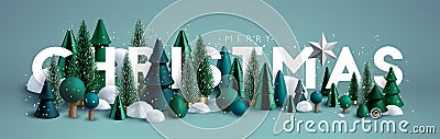Xmas Horizontal composition made of green wooden and glass Christmas trees. Vector Illustration