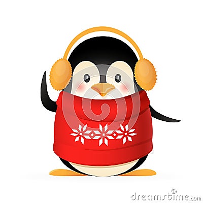 Cute penguin with sweater and earmuffs - vector illustration isolated on white background Vector Illustration