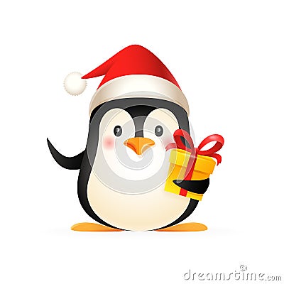 Cute penguin with Santas hat and gift - vector illustration isolated on white background Vector Illustration