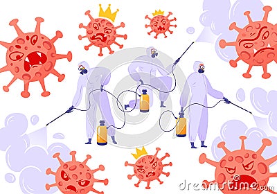 Flat cartoon characters in protective suits, respirators, glasses spray disinfectant against the evil coronavirus. Vector Illustration