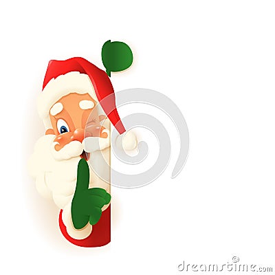 Cute Santa Claus peeking on left side of board, saying hush be quiet with finger on lips shhh gesture - vector illustration isolat Vector Illustration