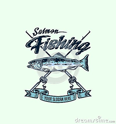 Salmon fishing t shirt graphic design, hand drawn line style with digital color Vector Illustration