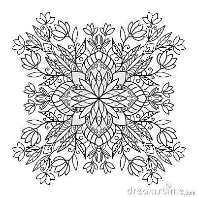 Flowers buds and leaves with small decor. Natural mandala on white isolated background. Vector Illustration