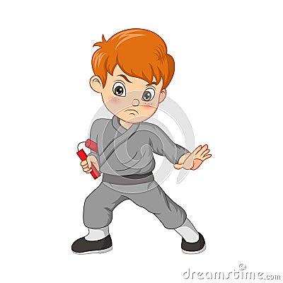 Cartoon karate kid holding nunchaku Vector Illustration