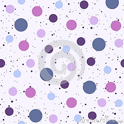 Geometric seamless pattern with pink and purple polka dots. Repetitive background with different shape of circles Vector Illustration