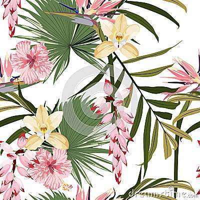 Tropical flower pink hibiscus, orchids and others exotic flowers. Beach wallpaper seamless pattern. Vector Illustration