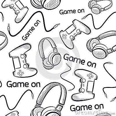 Geek seamless pattern with gamepads and headphones. Repetitive background with tech and hardware elements for gaming Vector Illustration