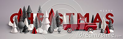 Xmas Horizontal composition made of red, white and grey wooden and glass Christmas trees and toy vintage car. Vector Illustration