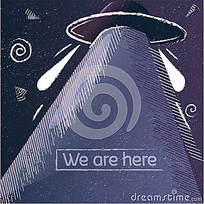 Vintage alien poster with grunge texture and a spaceship. Abstract and modern collage with conceptual art about aliens Vector Illustration