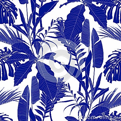 Basic RGBElegant seamless pattern with blue hand drawn line tropical leaves and flowers. Floral pattern. Vector Illustration
