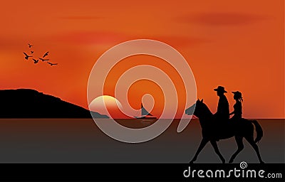 Graphics image the man and women ride horse walking at beach sea with silhouette twilight is a sunset design Vector Illustration