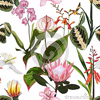 Exotic flowers pattern. Many kind of exotic tropical flowers in summer print. Vector Illustration