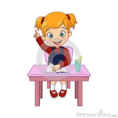 Happy cute little student girl raising her hand Vector Illustration