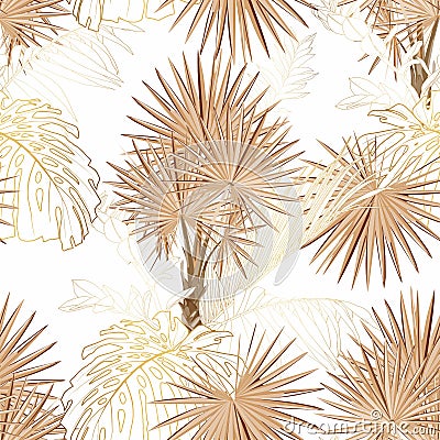 Seamless fake gold beige and golden leaves pattern. Tropical leaves. Exotic fan palm illustration. Vector Illustration