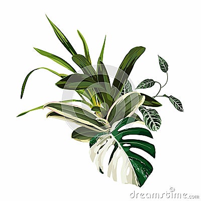 Tropical palm leaves, jungle leaf, orchid plant. Exotic illustrations, floral elements isolated, Hawaiian bouquet. Vector Illustration