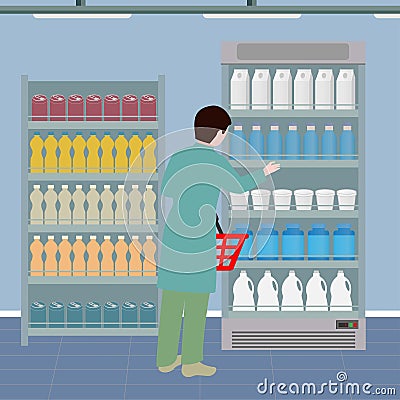 Person with a shopping basket near the supermarket shelves with drinks and dairy products Vector Illustration