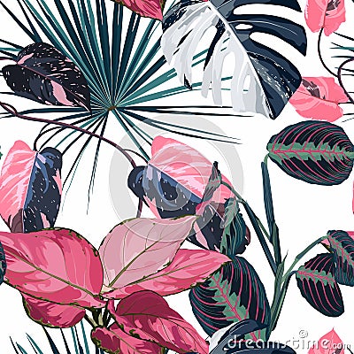 Fashionable seamless tropical pattern with tropical blue pink leaves on a white background. Beautiful exotic plants. Vector Illustration