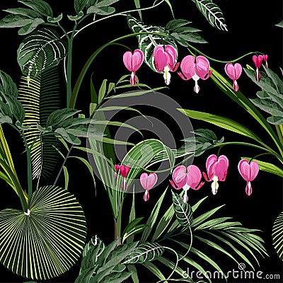 Seamless background from a flowers ornament and exotic tropical leaves, fashionable modern wallpaper. Stock Photo