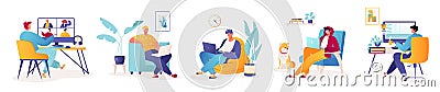 Set of vector illustrations with male characters working at home, remotely or in coworking space, office. Vector Illustration