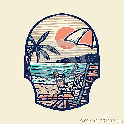 Summer beach t-shirt graphic design, hand drawn line style with digital color Vector Illustration