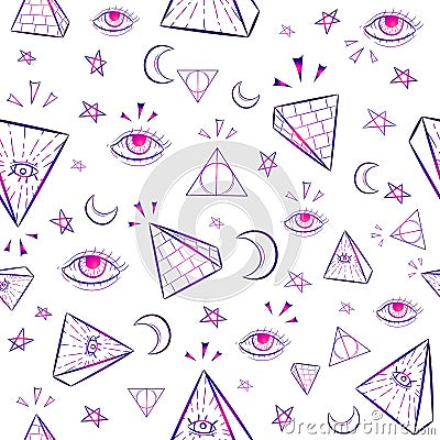 Gradient seamless pattern with occult illuminati symbols. Vector Illustration