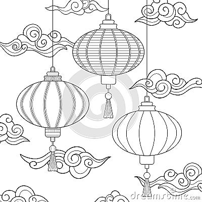 Line drawn Asian lanterns with simple geometric patterns, decorative clouds and sky on white isolate background. Vector Illustration