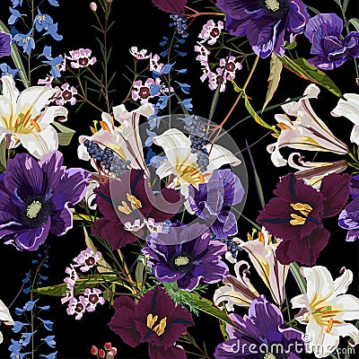 Tropical floral seamless pattern background with exotic dark violet flowers and leaves on black background. Cartoon Illustration