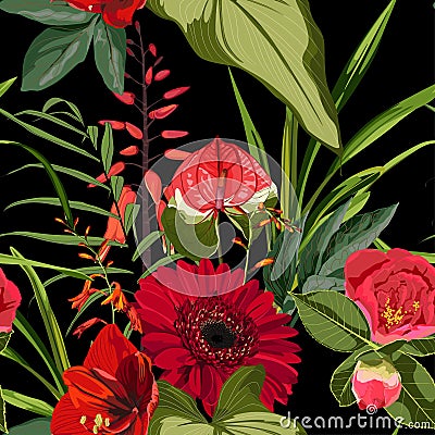 Exotic red flowers pattern. Many kind of exotic red tropical flowers and palm leaves in summer print. Stock Photo
