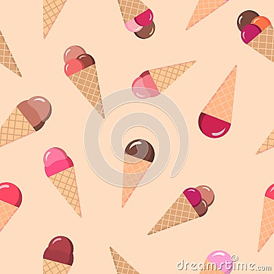 Chocolate and fruit cone ice-creams on calm beige background. Seamless food summer pattern. Vector Illustration