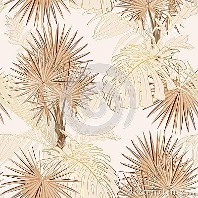 Seamless fake gold beige and golden leaves pattern. Tropical leaves. Exotic fan palm illustration. Beige background. Vector Illustration