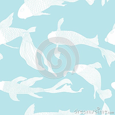 Fish graphic color seamless pattern background sketch illustration. Japanese Koi carps, blue fish on blue backgriund. Cartoon Illustration