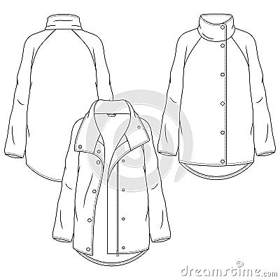 Women Jacket fashion flat sketch template. Technical Fashion Illustration. Wide Mock Neck Coat Vector Illustration