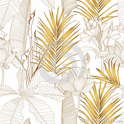 Tropical exotic floral line golden palm leaves and flowers seamless pattern, line background. Stock Photo