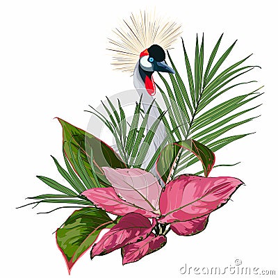 Elegant floral and zoo composition. A print for a T-shirt. Tropical flowers and exotic bird. Vector Illustration