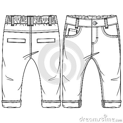 Baby Boys Woven Pant fashion flat sketch template. Technical Fashion Illustration. Rolled up Hem. Back Welt Pockets Vector Illustration