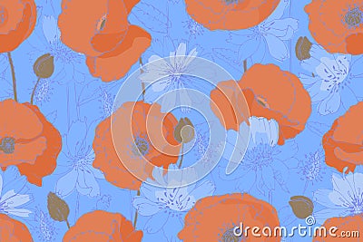 Vector floral seamless pattern. Orange poppies, blue chicory, succory with beige buds Vector Illustration