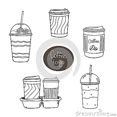 Set of doodle coffee to go. Latte, cappuccino, americano, beverage with raspberry, tea. Vector Illustration