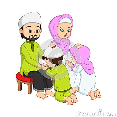 Muslim kids prostrating and kissing his parents hands Vector Illustration