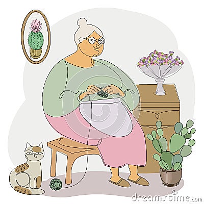 The woman knits with knitting needles and threads. A lady is sitting in a room with a cat. Modern trendy one line style. Solid out Vector Illustration