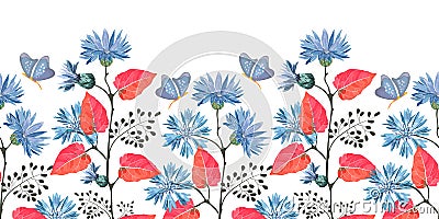 Art floral vector seamless pattern, border. Blue flowering cornflower, Centaurea flowers with buds, stems, twigs, red leaves, butt Vector Illustration