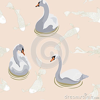 Beautiful seamless pattern with white swans and Japanese Koi carps fish on beige background. Vector Illustration